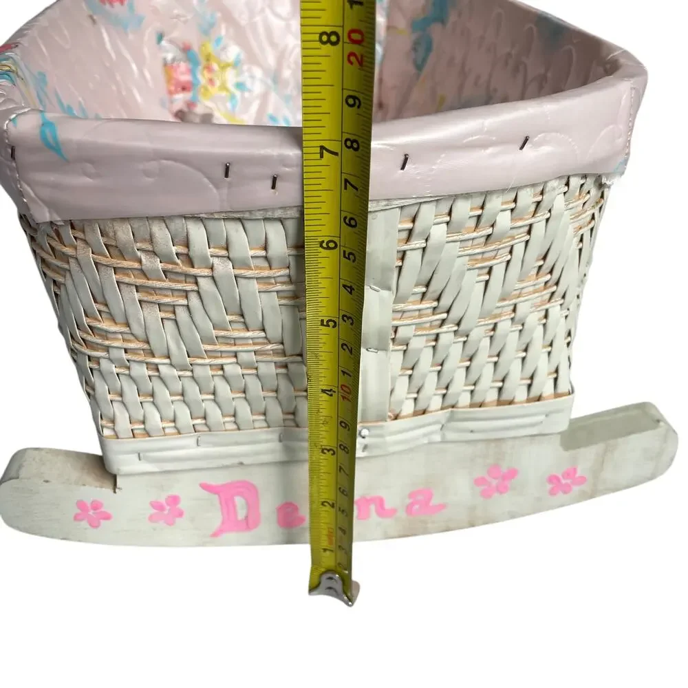 Wicker Doll Rocking Cradle Pink Quilted Vinyl Liner Wood Vtg 1970's Toy READ